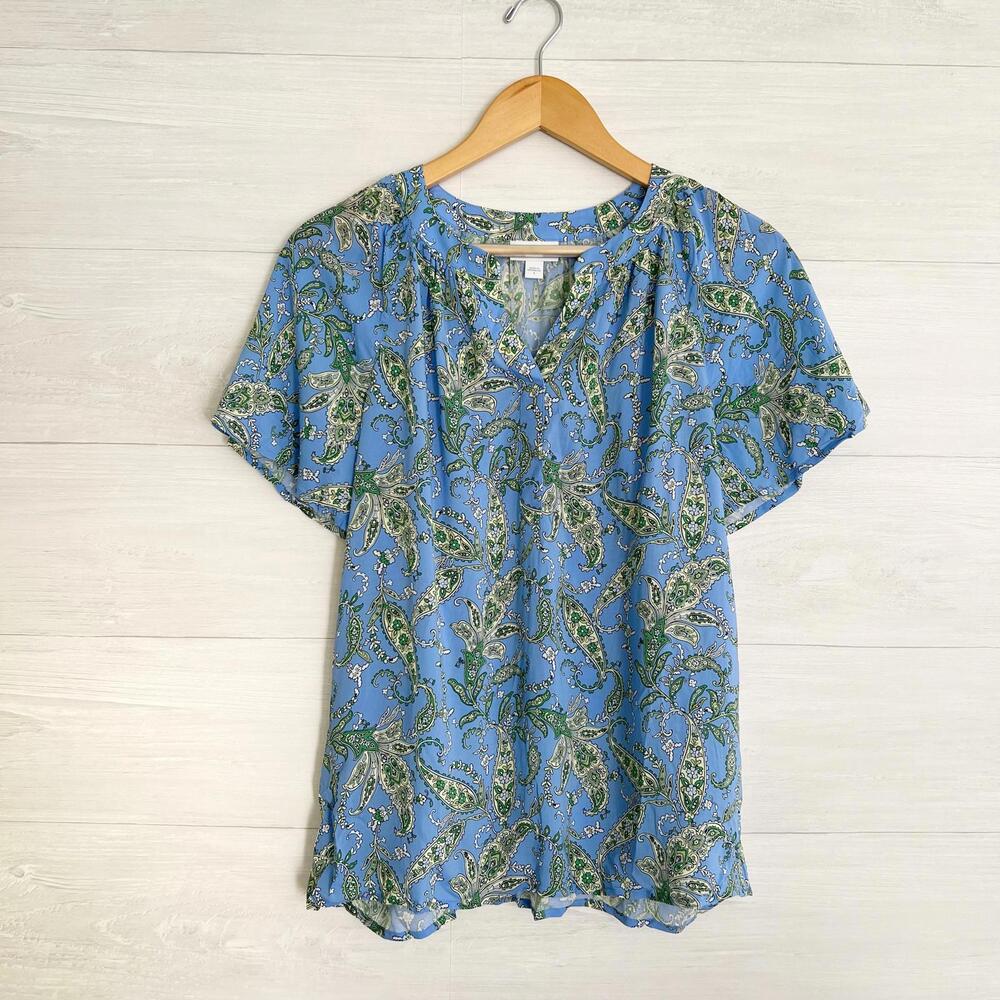 J.Jill - Blue green paisley split neck cap sleeve top, S